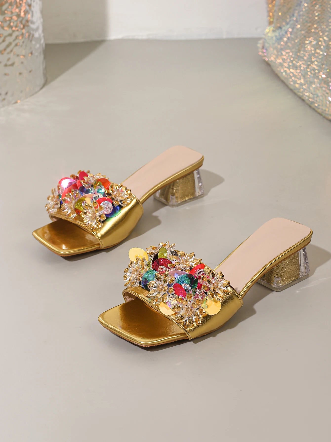 Bohemian Style Gold Rhinestone High Heel Sandals for Women