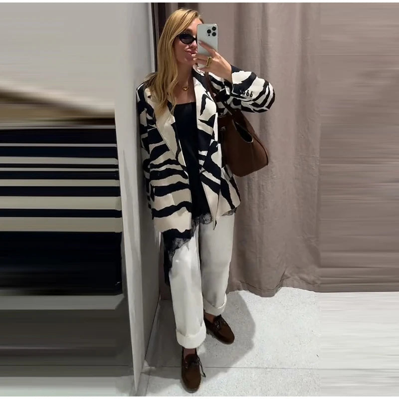 Oversized Zebra Print Long Sleeve Blazer for Women