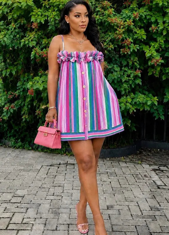 Lightweight Thin Strap Ruffle Trim Striped Mini Dress for Women