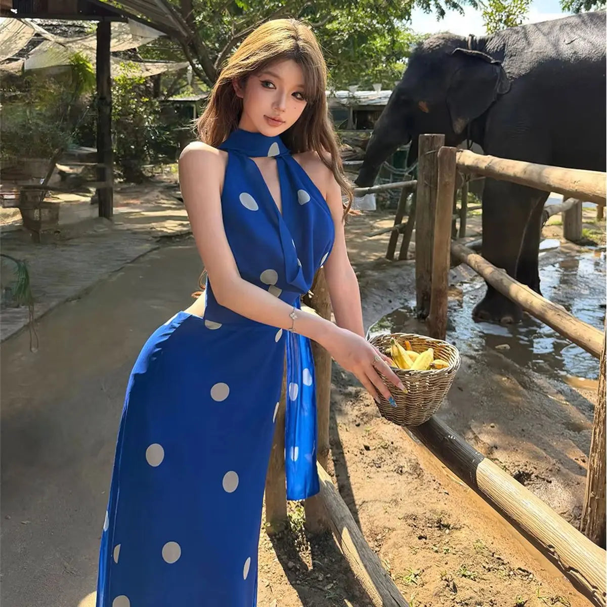 Vintage Polka Dot Backless Halter Maxi Dress for Women