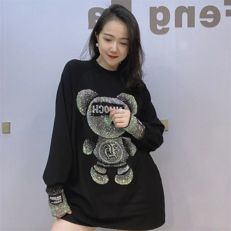 Loose Inner Wear Black T-shirt Women Spring Autumn Rhinestone Long-Sleeved Shirt Thickened Brushed Cotton Bottoming Top Female