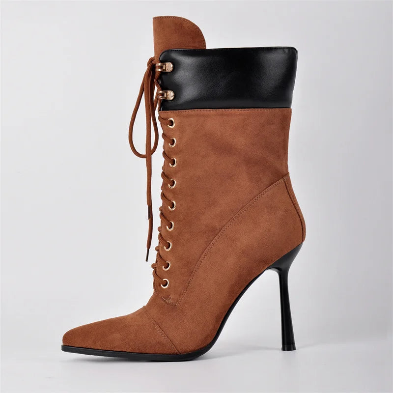 Pointed Toe Lace Up Stiletto Mid Calf Boots for Women