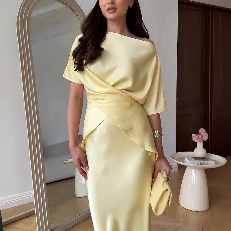 Casual O-neck Short Sleeved and Long Skirt Suit Summer Thin Satin Two Piece Simple Solid Color Temperament Women's Party Outfit