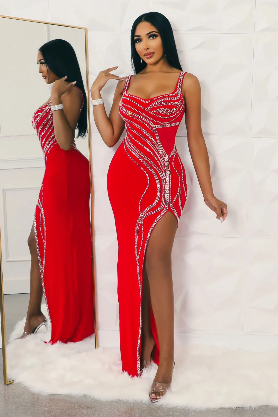 Elegant Rhinestone V-neck Floor Length Evening Dress for Women