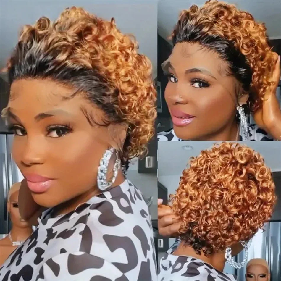 Water Curly Pixie Cut Human Hair Lace Front Wig for Women