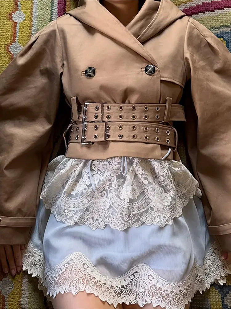 Belted Button Front Long Sleeve Short Jacket for Women