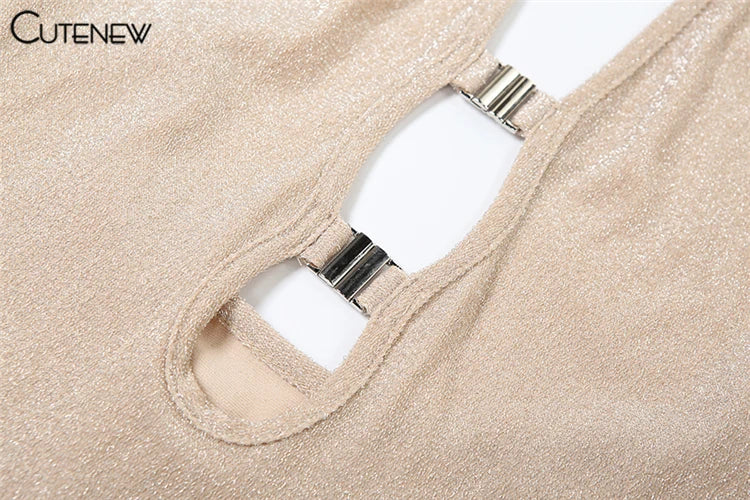 Cutenew Halter Shiny Maxi Dress Women Trend Elegant Bandage Backless Cut Out Low Neck Sleeveless Bodycon Female High Street Robe