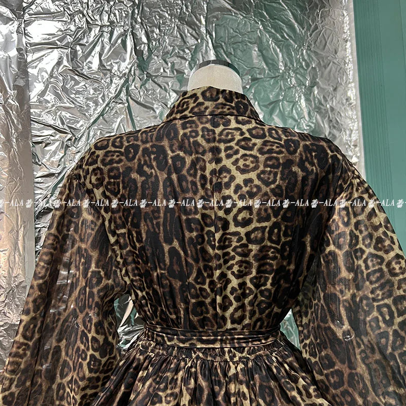 Spring Popular Retro Classic Leopard Pattern Single-Breasted Lantern Sleeve Shirt Layered Dress Puffy Cinched Short Dress Female