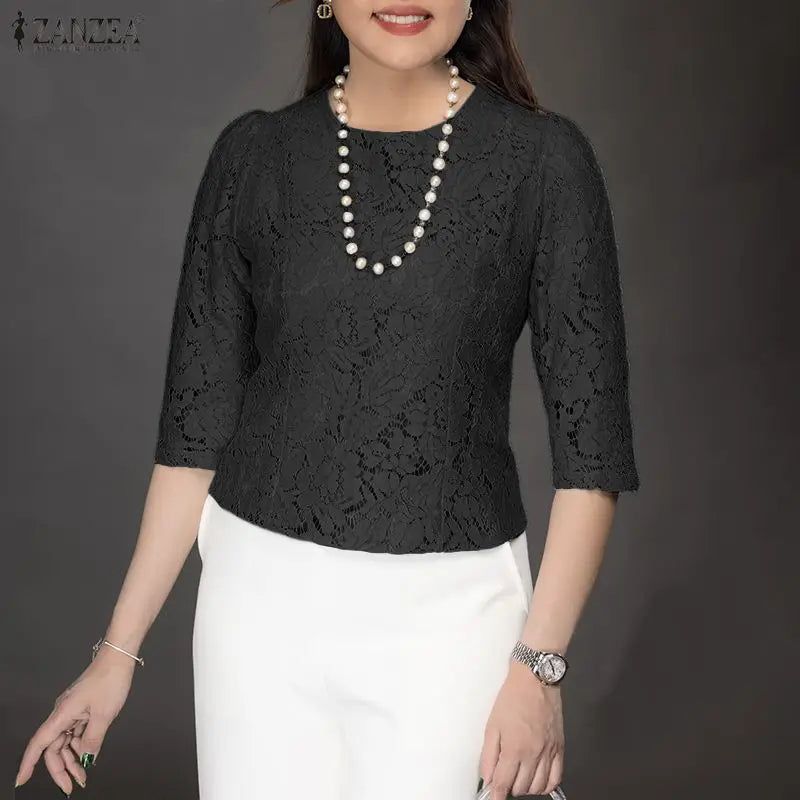 Lace Patchwork Three Quarter Sleeve Top