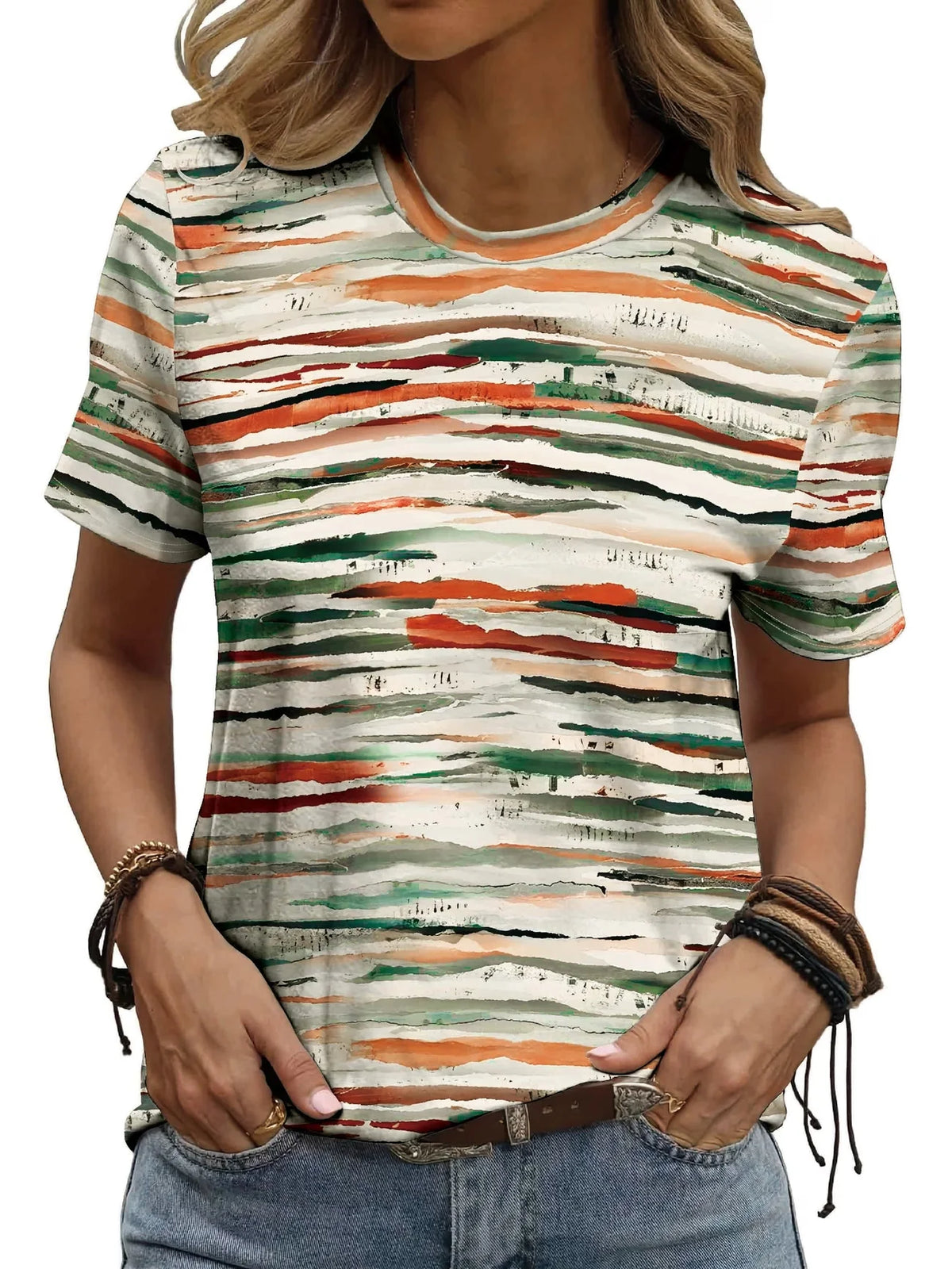 Casual Striped Letter Print Short Sleeve T Shirt For Women