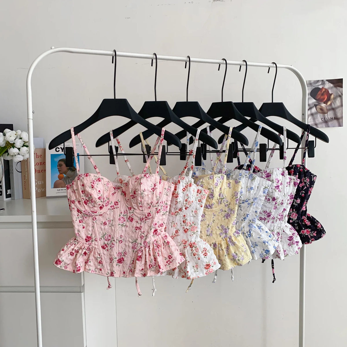 French Corset Print Ruffle Strap Tank Top for Women
