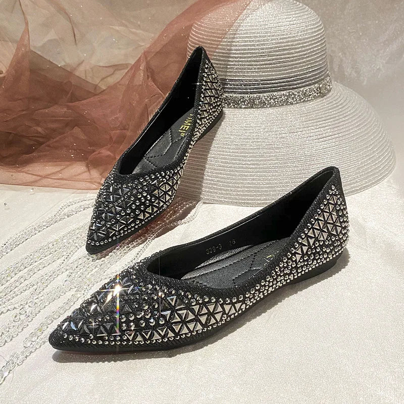 Sparkling Rhinestone Pointed Toe Ballet Flats for Women