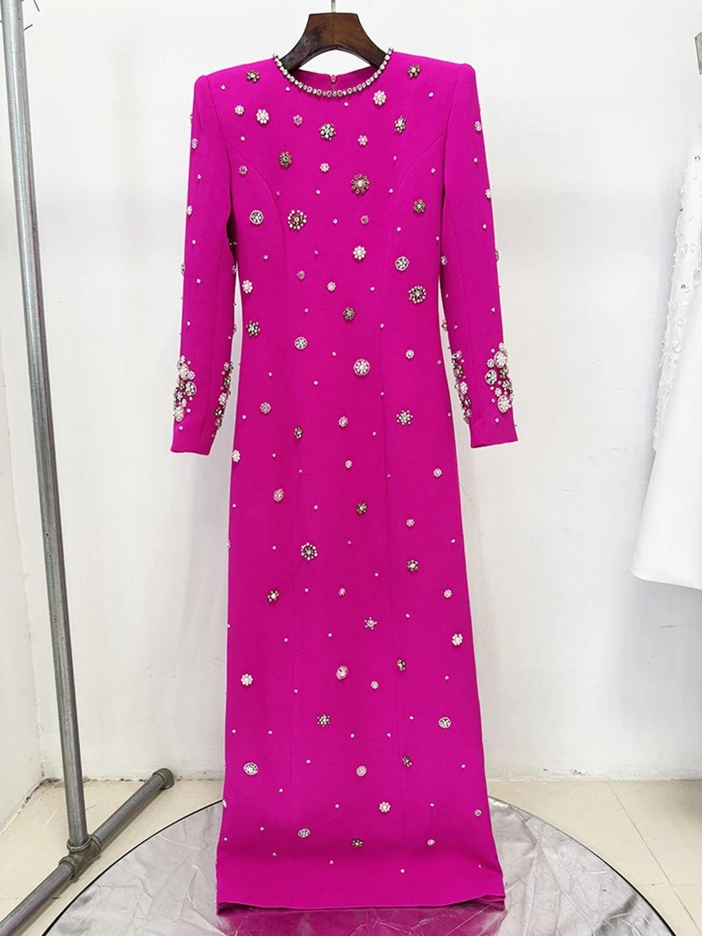 Modphy High-Quality Shiny Diamond Bead Slim Formal Maxi Dress Women'S Long Sleeved O-Neck Elegant Celebrity Evening Runway Gowns