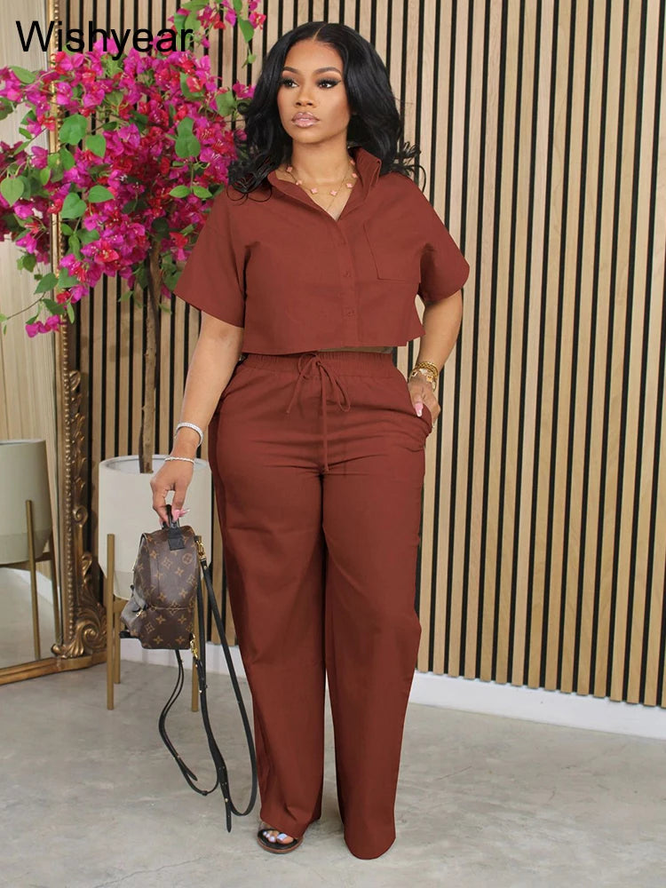 Casual Sports Linen Outfits Women's Short Sleeve Shirt and Wide Leg Pants Autumn 2 Piece Set Streetwear Office Fashion Tracksuit