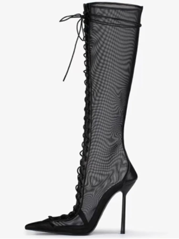 Lace Up Knee High Heeled Boots With Side Zipper for Women