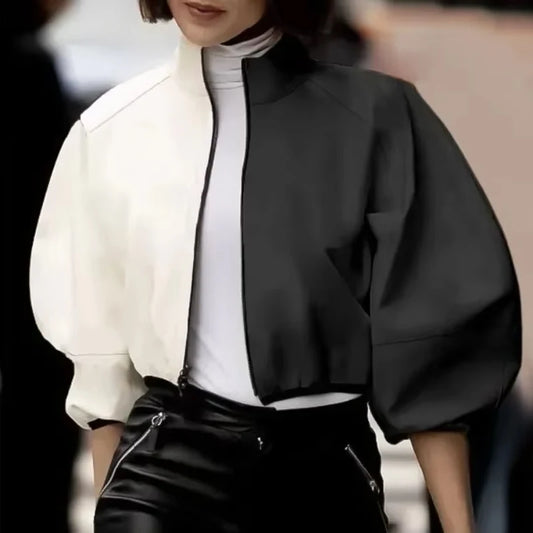 Women Fashion Patchwork Stand Collar Jackets 2025 New Spring Autumn Puff Sleeves Loose Fit Casual Korean Style Outerwears