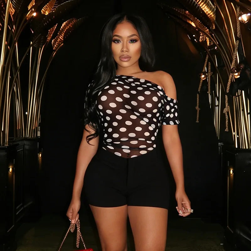 Off Shoulder Polka Dot Mesh See Through Two Piece Set for Women