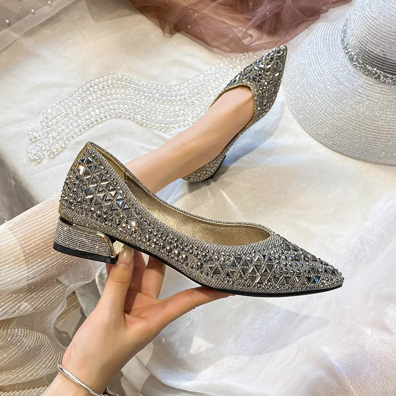 Sparkling Rhinestone Pointed Toe Ballet Flats for Women