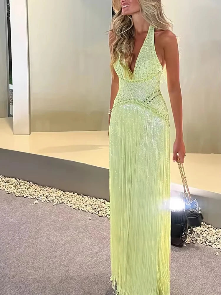 Women Sexy Backless Hollow Sequin Gowns 2026 Elegant Halter Sleeveless Long Dress Fashion Tassel Splicing Waist Slim Party Dress