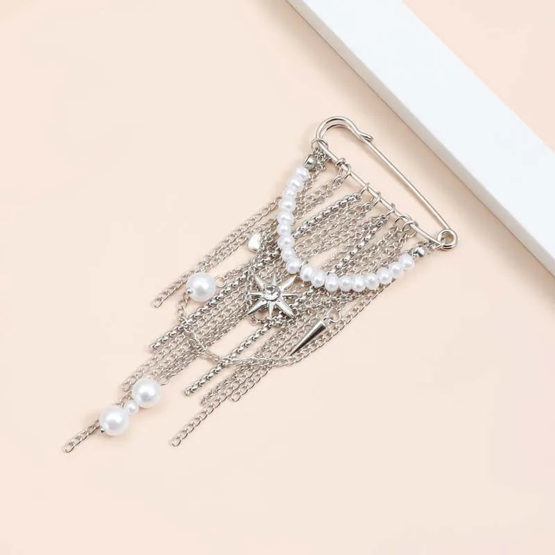 Layered Pearl Heart and Star Tassel Brooch for Women