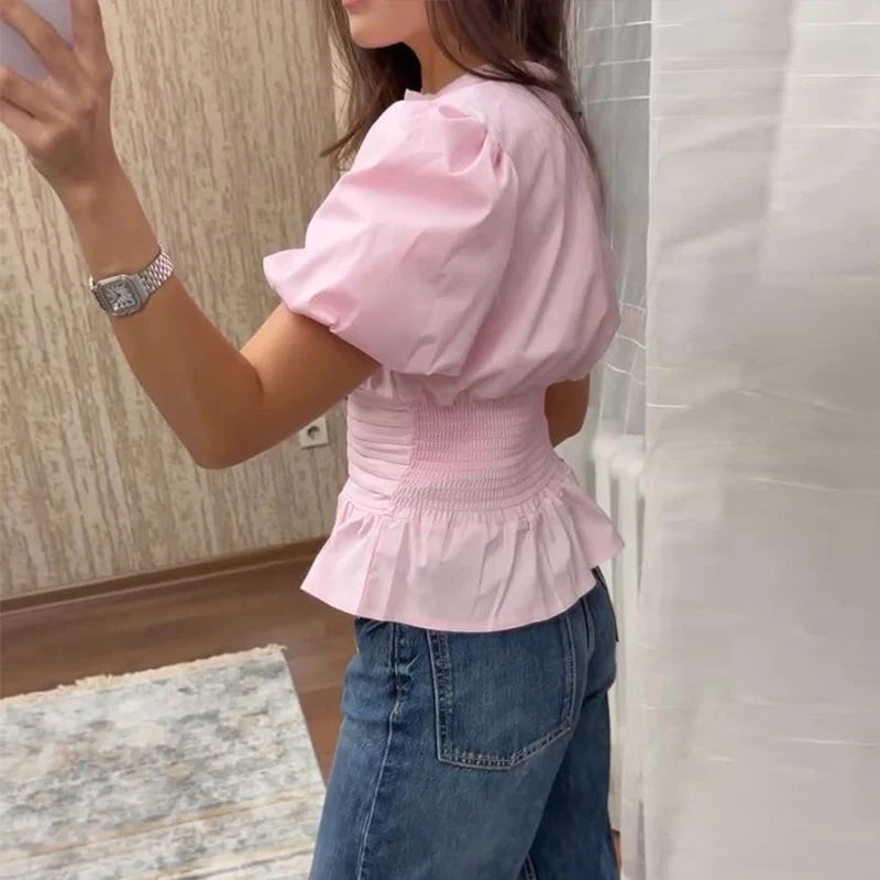 Elegant Puff Sleeve Cinched Waist Solid Color Blouse for Women