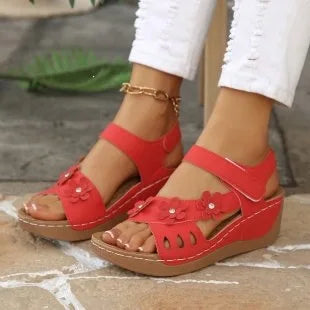Modern Floral Buckle Wedge Sandals