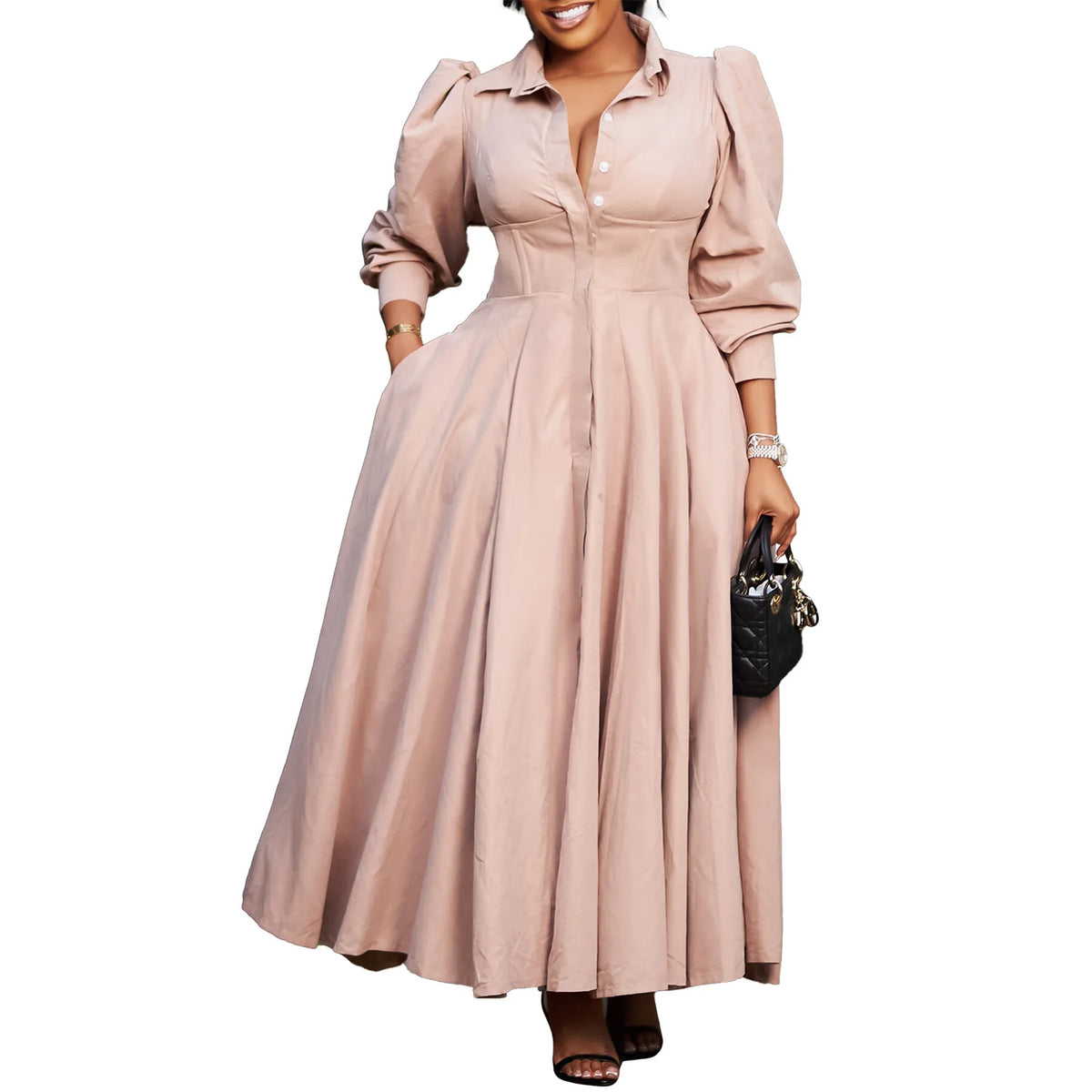 Plus Size V-Neck Long Sleeve Ankle-Length Dress for Women