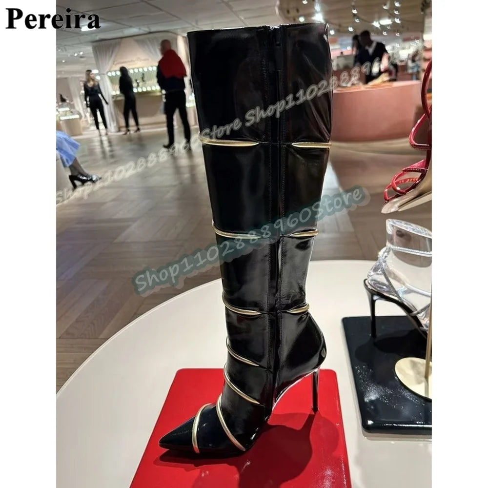 Knee High Black Patent Leather Serpentine Strap Boots Thin High Heel Shoes For Women Side Zipper Pointed Toe Stylish Party Shoes