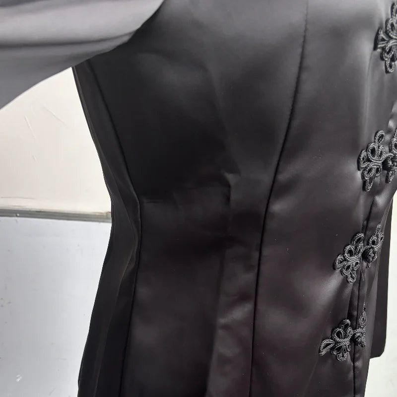 Elegant Satin Frog Button Standup Collar Jacket for Women