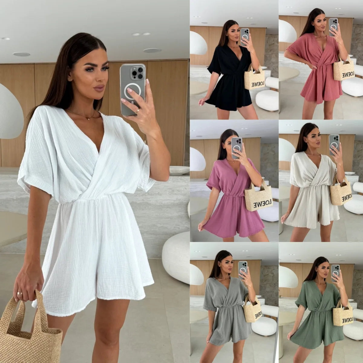 Elegant Deep V Neck Short Sleeve White Romper for Women