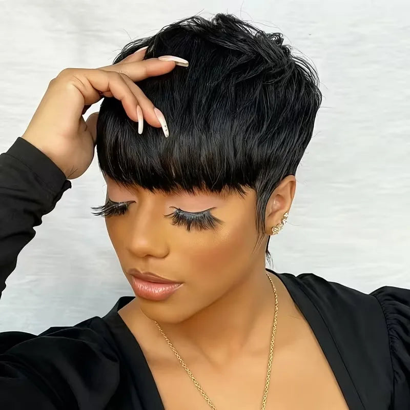 Straight Black Short Layered Pixie Wig Human Hair For Women