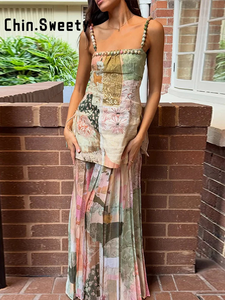 Long Printed Patchwork A-line Beaded Sleeveless Backless Dress for Women
