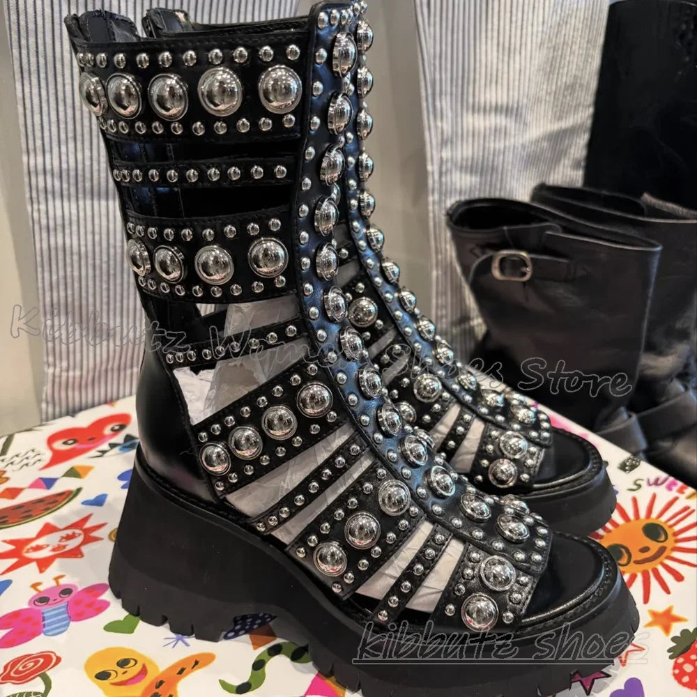 Bordered Rivets Sandal Boots Round Toe Platform Chunky Heels Genuine Leather Back Zippers Fashion Concise Novelty Sexy Shoes New