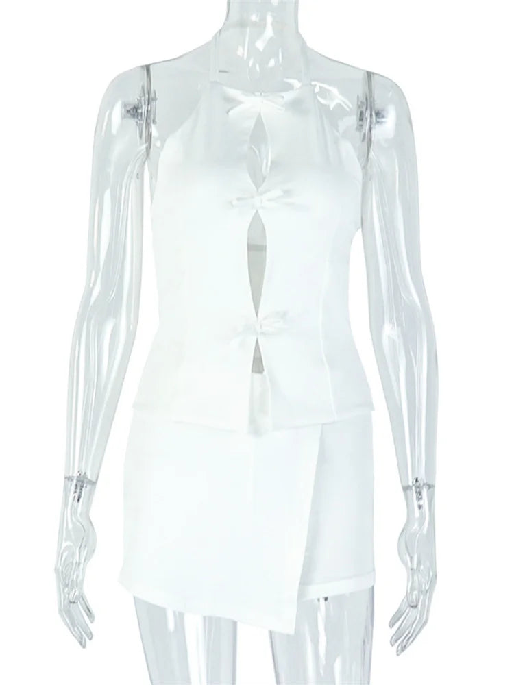 Halter Neck Bow Decoration Two Piece Set for Women