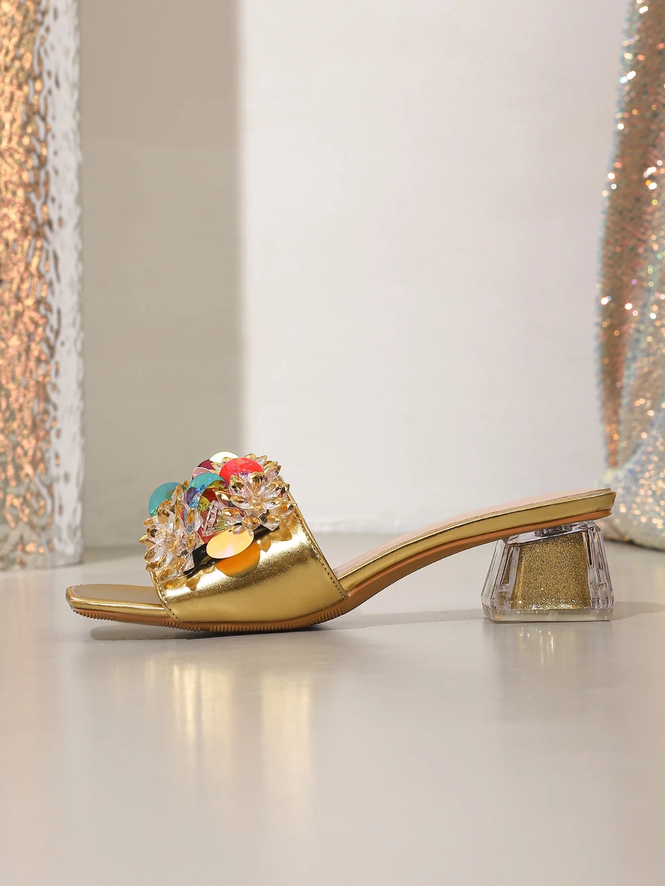 Bohemian Style Gold Rhinestone High Heel Sandals for Women