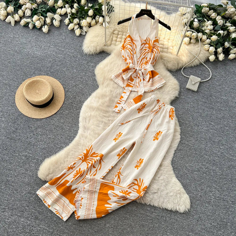 Boho Print Lace-Up Tank Top and Wide-Leg Pants Set for Women