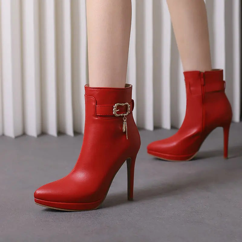 Red High Heel Pointed Toe Ankle Boots