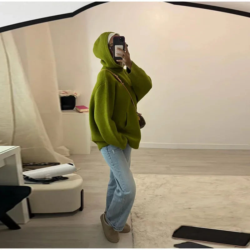 Green Women's Knit Hoodie Coat Full Sleeve Front Pocket  Casual Sweater Top 2025 Early Autumn Loose Female Knitwear Outerwear