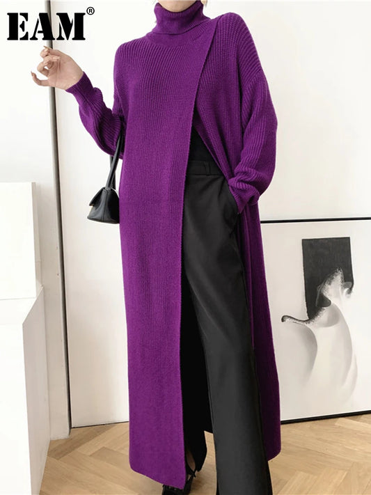 [EAM] Vent Long Knitting Sweater Loose Fit Turtleneck Long Sleeve Women Pullovers New Fashion Tide Autumn Winter 2025 1DA357