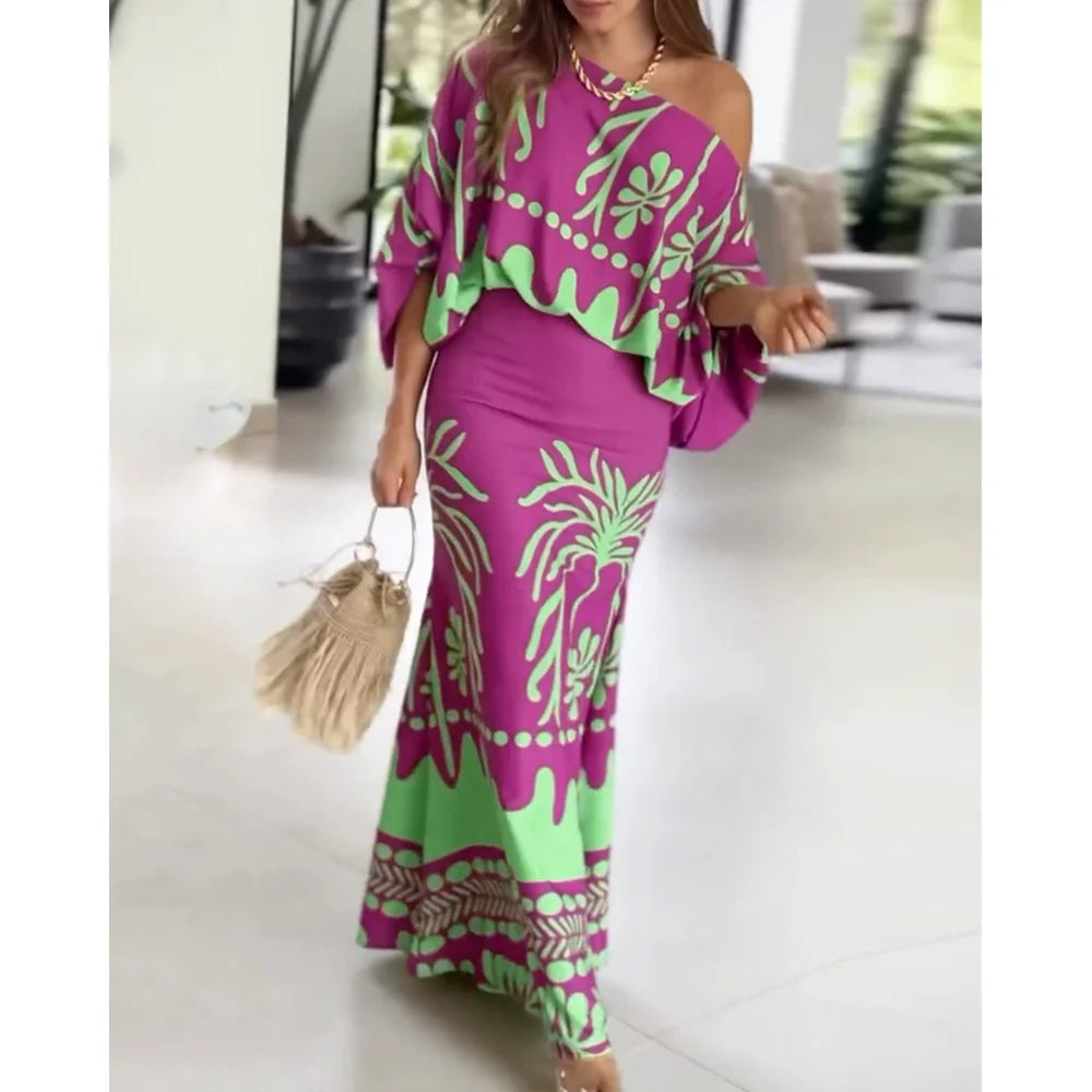 Women's 2 Pieces Outfit Tropical Print Lantern Sleeve Cold Shoulder Loose Top and Casual High Waist Fishtail Maxi Skirt Set