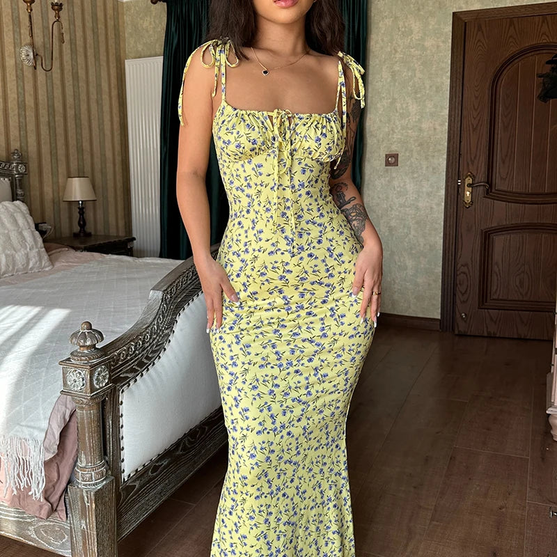 Sleeveless Floral Print Lace Up Backless Maxi Dress for Women