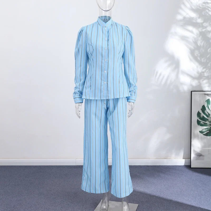Blue Striped Puff Shoulder Shirt And Pants Set For Women