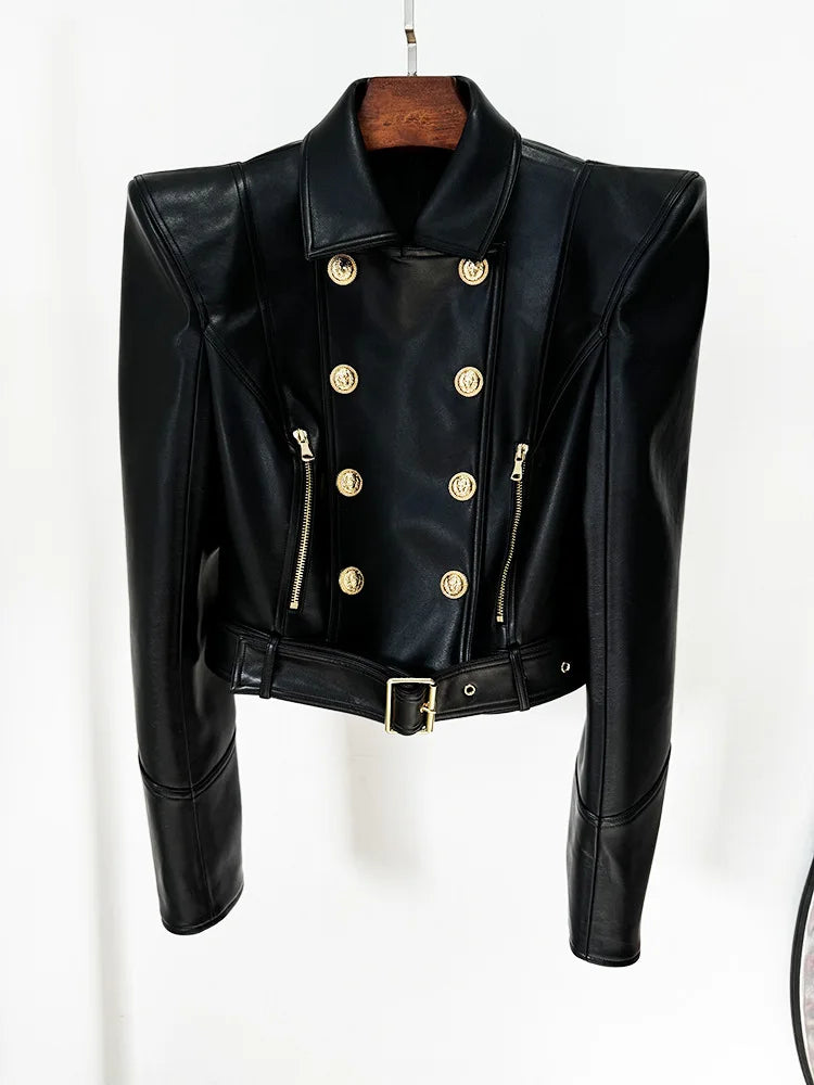Double Breasted Faux Leather Motorcycle Jacket for Women