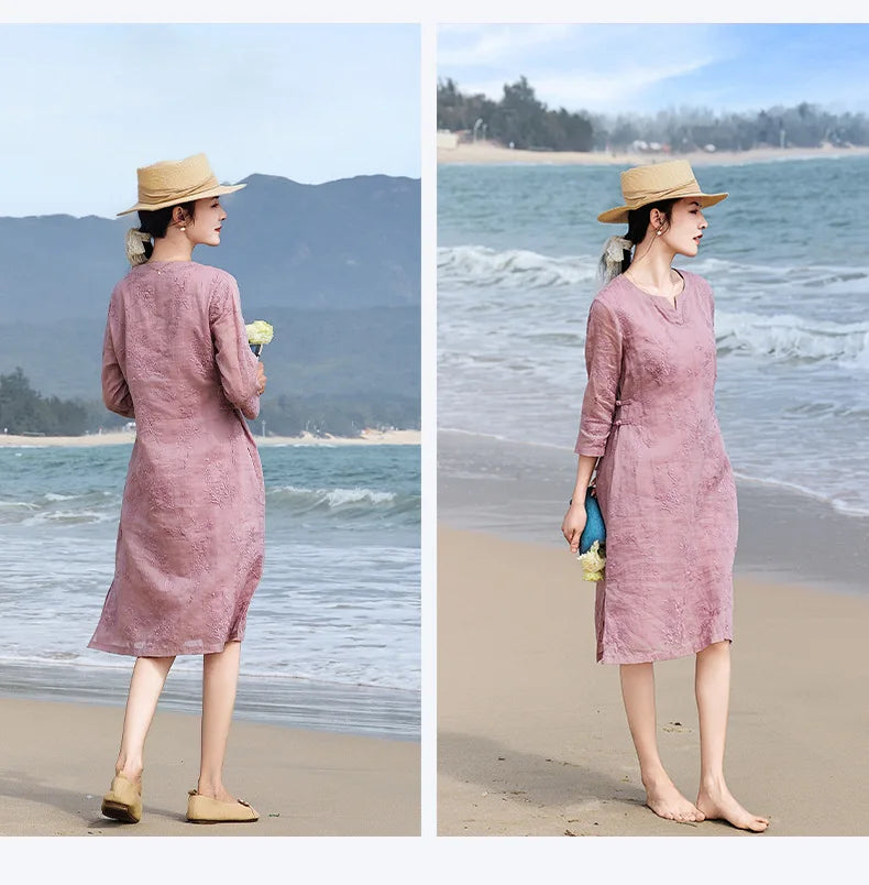 Elegant Embroidered Ramie Linen Knee Length Dress for Women