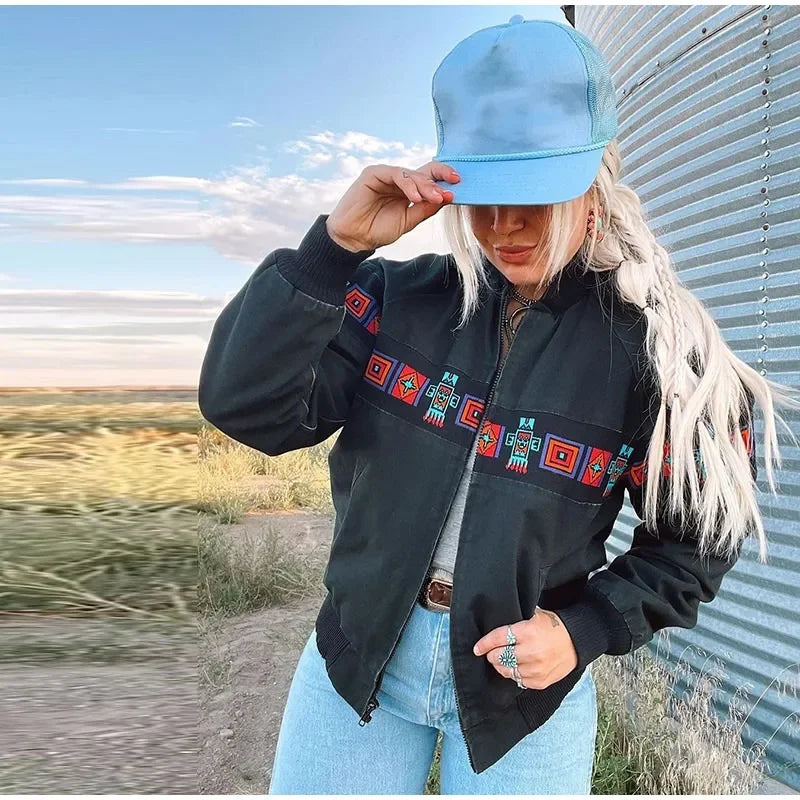 Printed Zippered Stand Collar Lightweight Jacket for Women