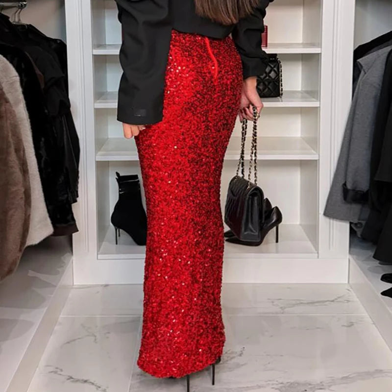 High Waisted Slim Fit Sequin Ankle Length Skirt for Women
