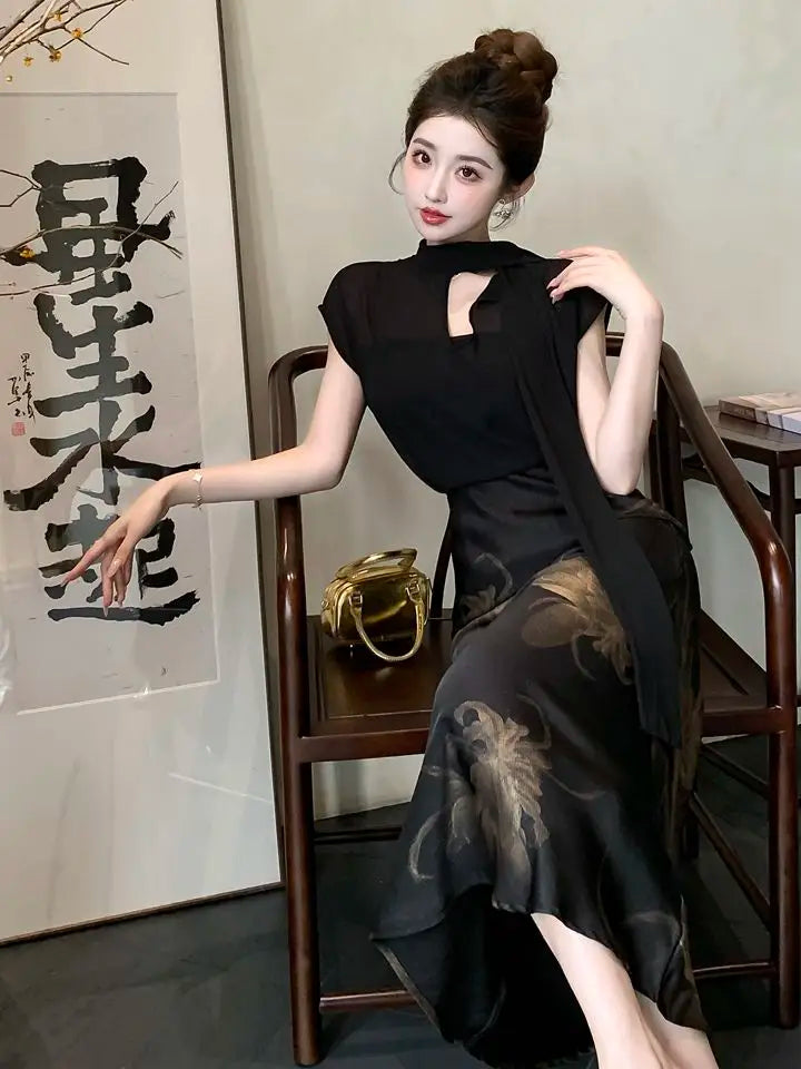Chiffon Stand Collar Black Printed Three Piece Set for Women