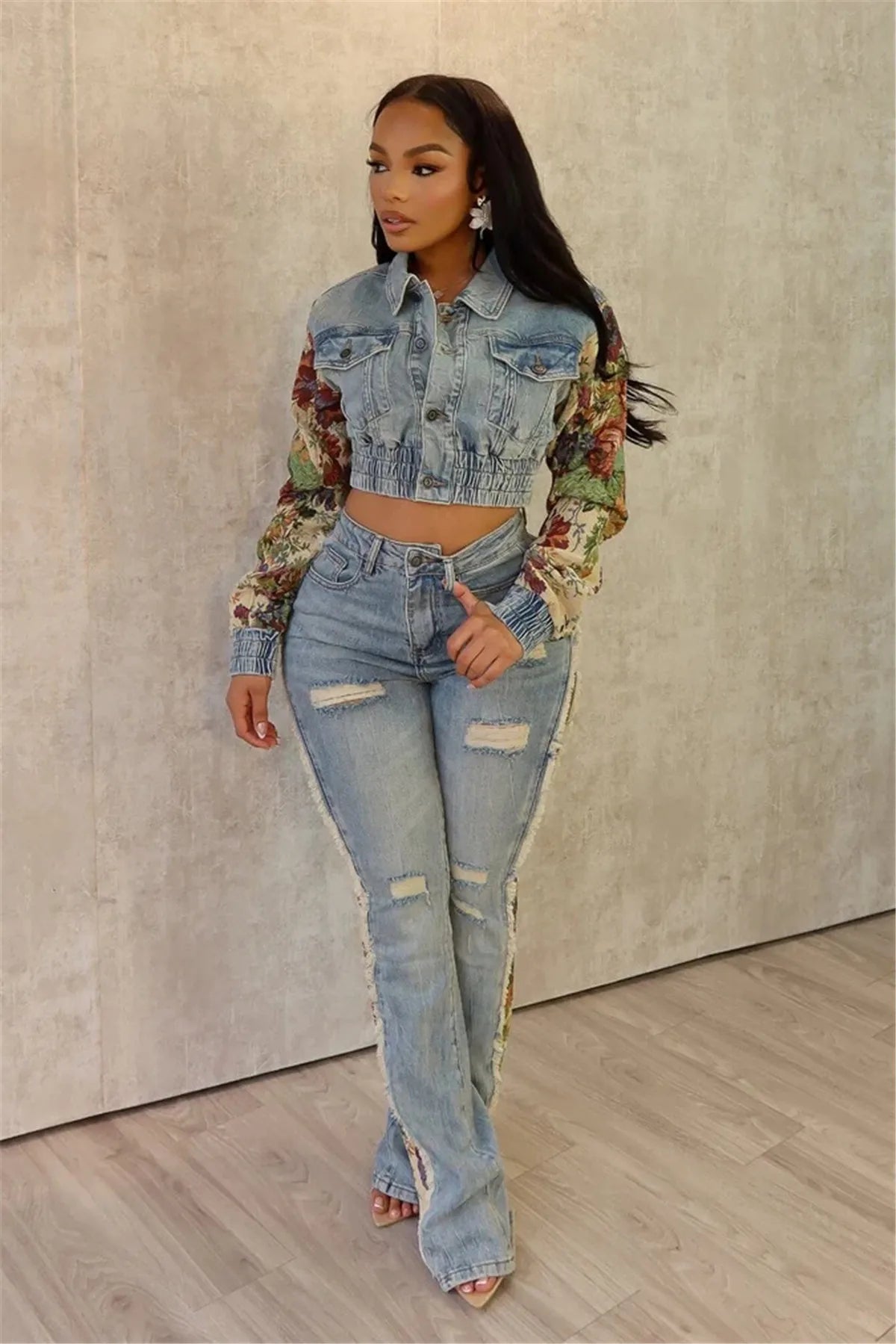 Patchwork Floral Denim Two Piece Set