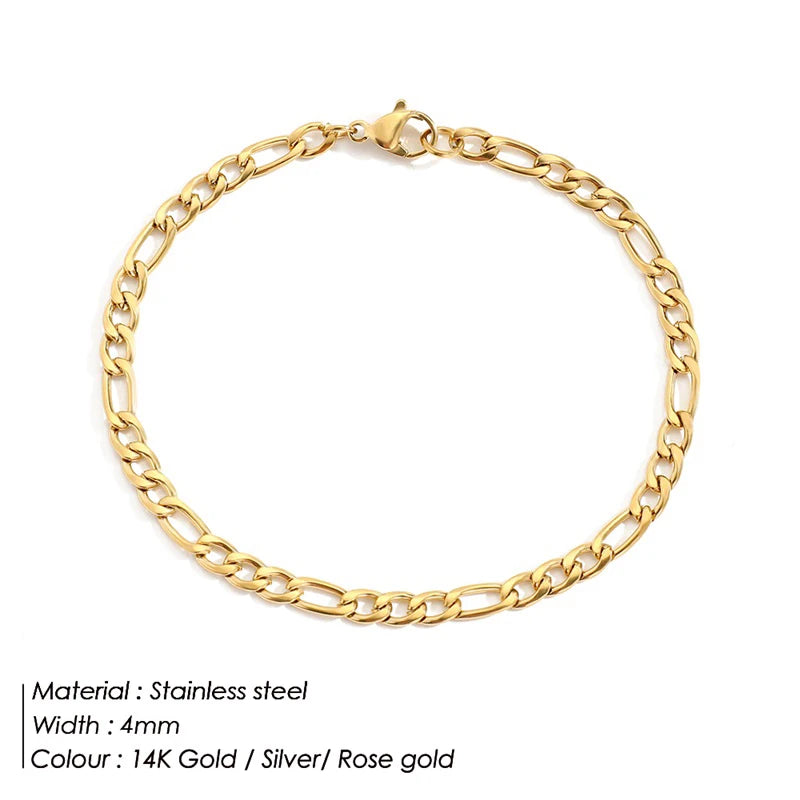 Gold Tone Stainless Steel Figaro Chain Bracelet for Women