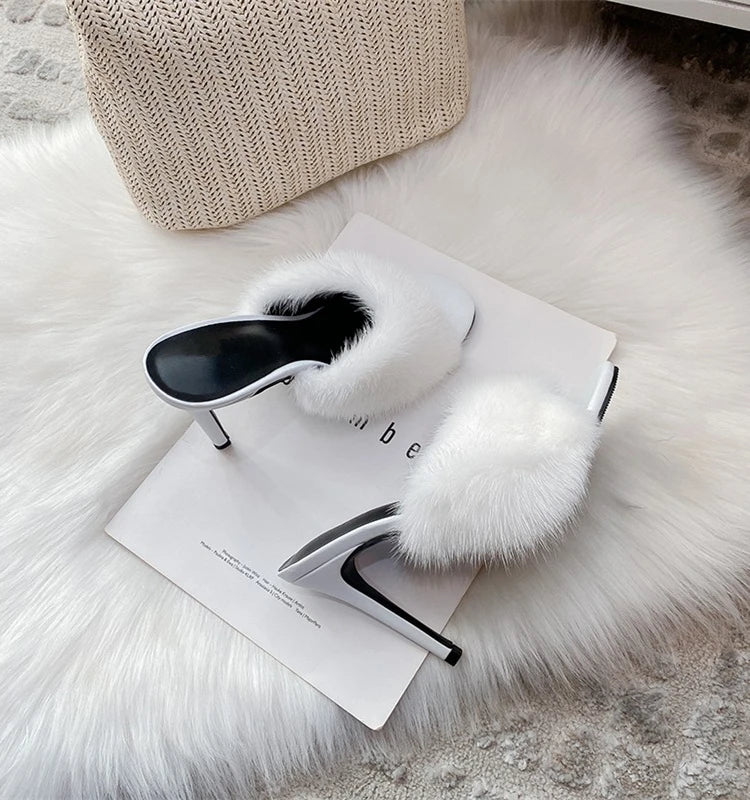 Fur Trim Open Toe Stiletto Party Sandals for Women